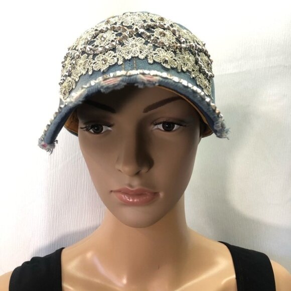 NWT Capelli New York denim rhinestone lace ball cap - Picture 2 of 12